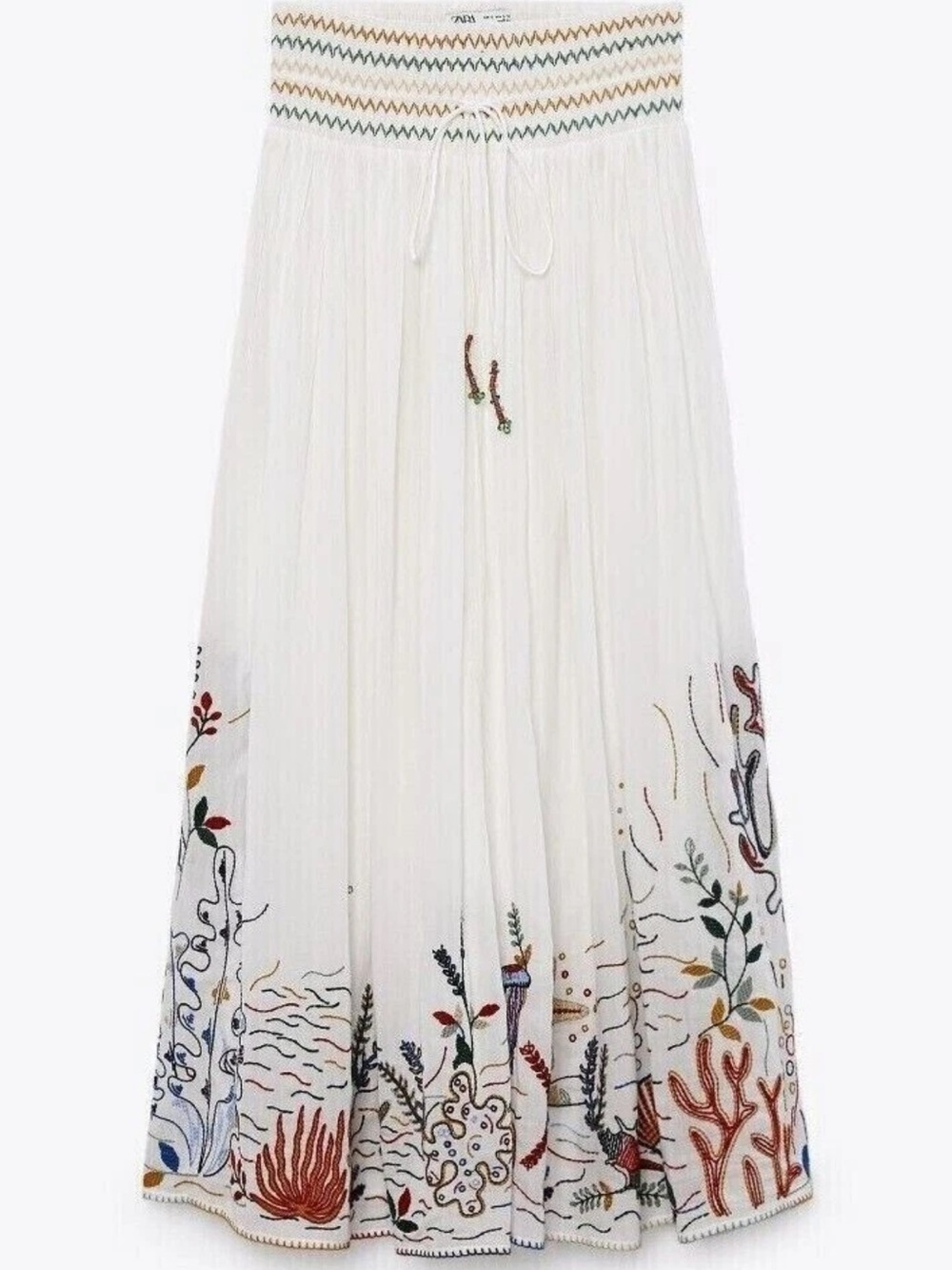 ZARA Mid-Waist Smocked Sea Motif Embroidered Long Skirt Size Large - Picture 5 of 11